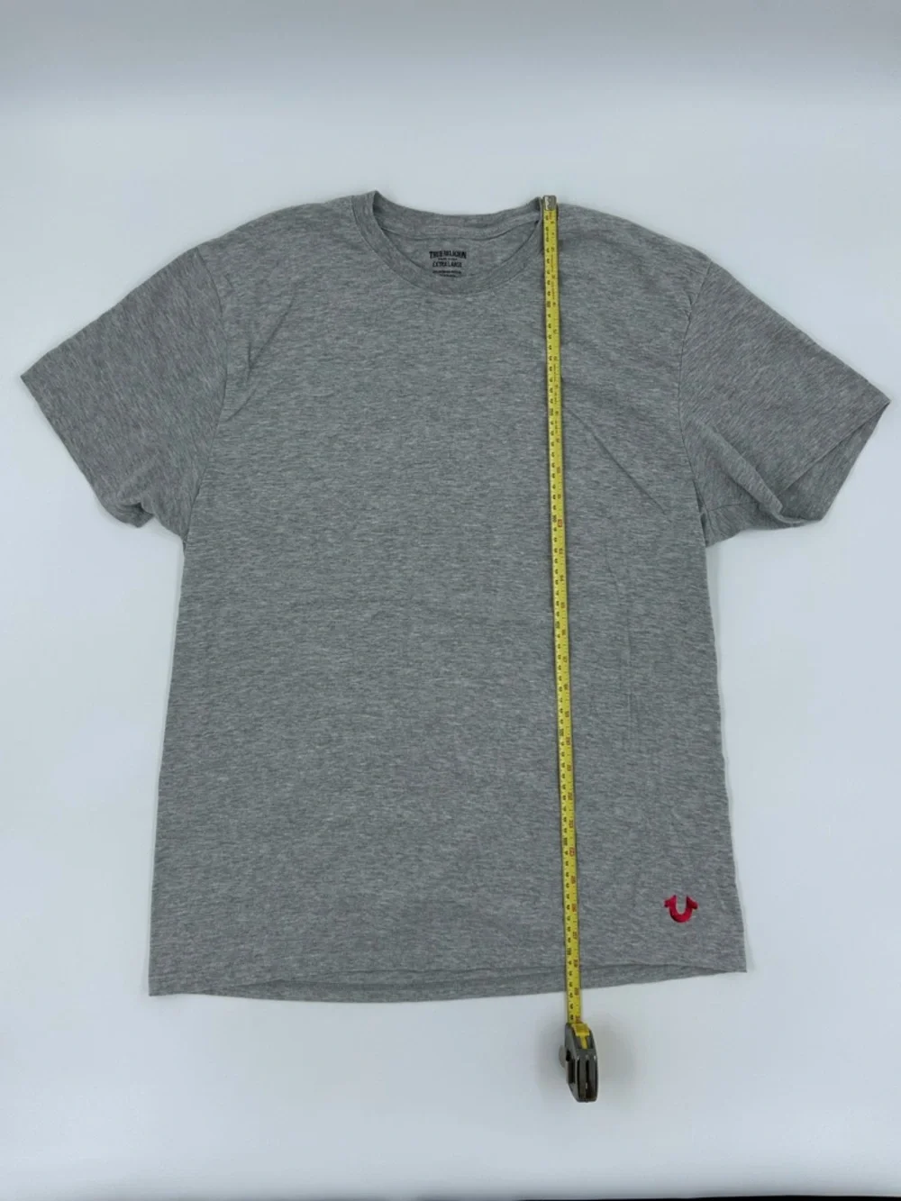True Religion Men's Heather Gray Crew Tee with Red Horseshoe Accent. XL